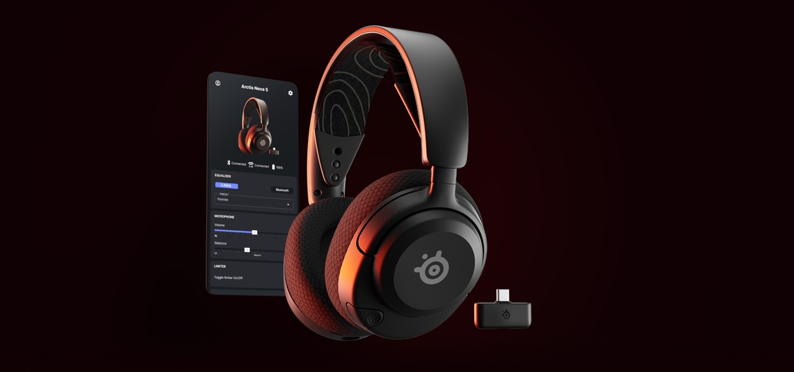An image of Arctis Nova 5 headset with phone in the background.