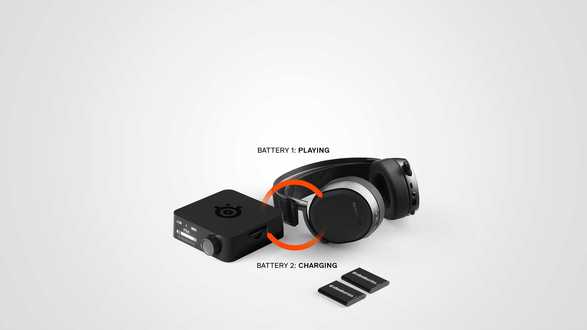 Never Be Tethered Exclusive dual-battery system means never sitting next to an outlet to charge your headset. Keep one battery charged in the transmitter base station while gaming with the other in the headset.