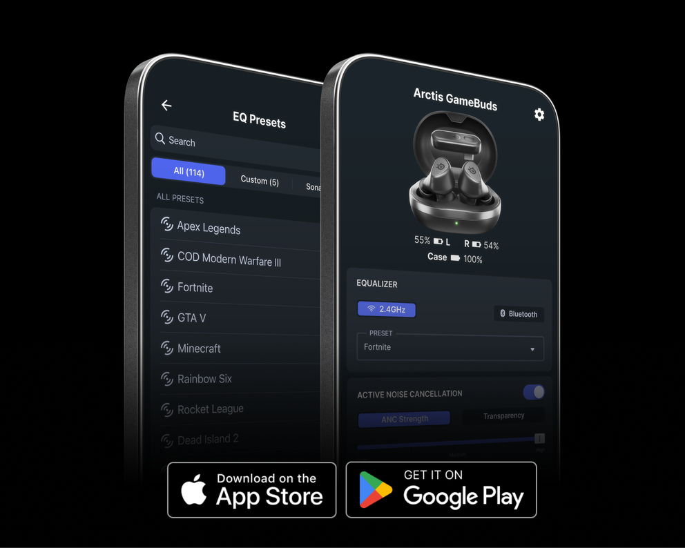
 Two screens presenting Companion App from SteelSeries that is compatible with Gamebuds.
 