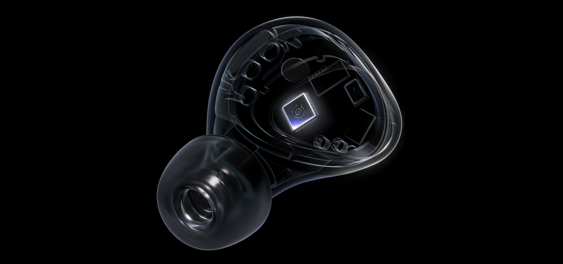 An image showing the Gamebuds' internal components with the chipset highlighted.
