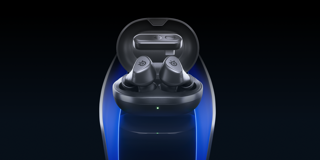 Image of Gamebuds with blue lights in the background.