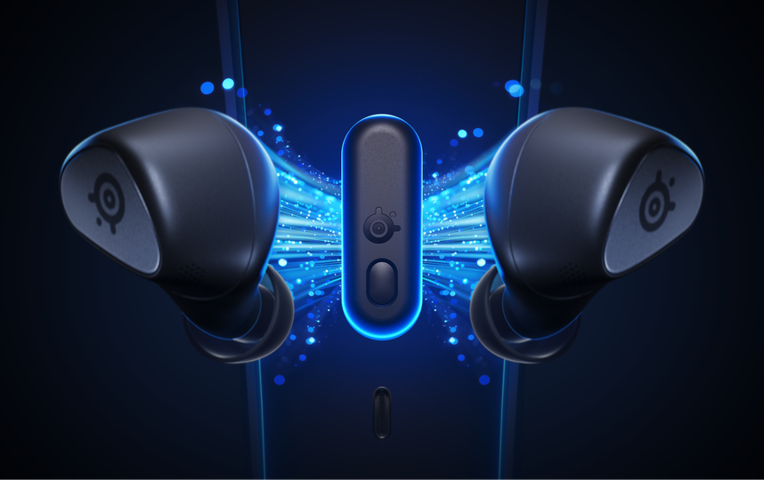 An image of the Gamebuds with bright blue light in the background.