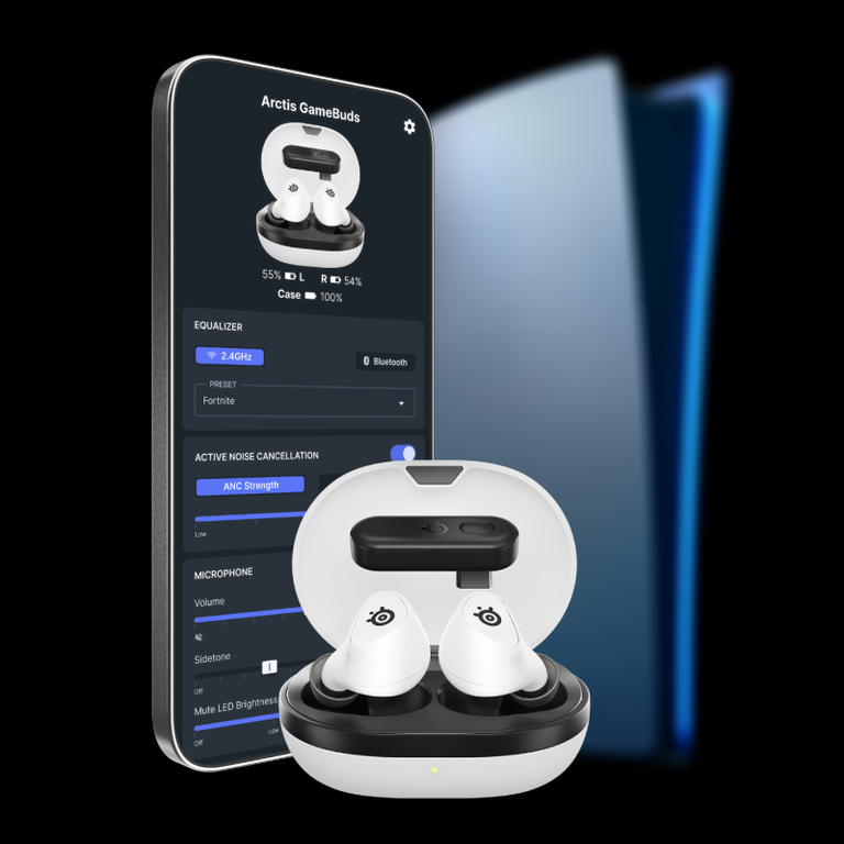 An image of Gamebuds with smartphone and Playstation console.