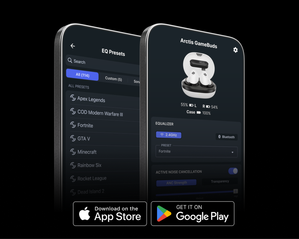 
 Two screens presenting Companion App from SteelSeries that is compatible with Gamebuds.
 