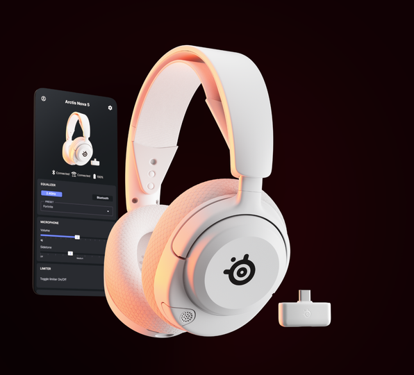 image of Arctis Nova 5 headset in white color with smartphone in the background.