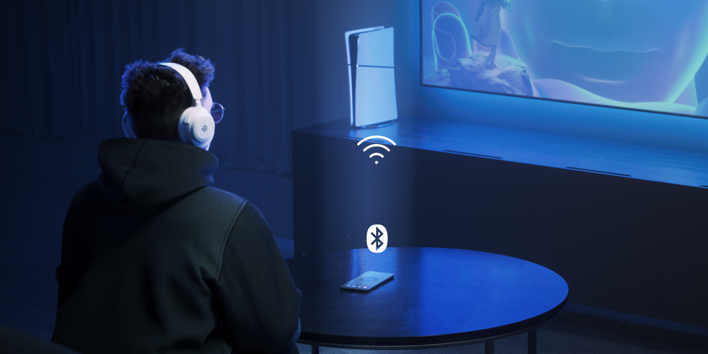 
 A close up of the Arctis Nova headset with its USB-C dongle.
 