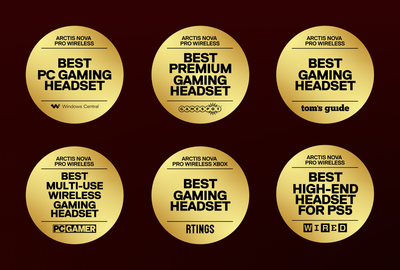 Picture displaying multiple award badges of Arctis Nova Pro Wireless headset.