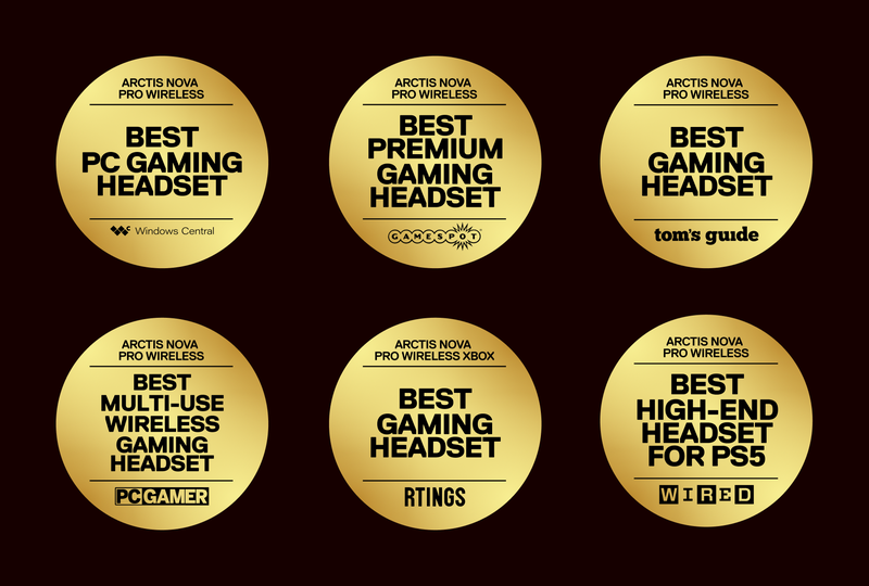 Picture displaying multiple award badges of Arctis Nova Pro Wireless headset.