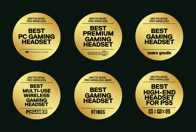 Picture displaying multiple award badges of Arctis Nova Pro Wireless headset.