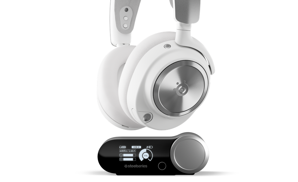 
 An Arctis Nova Pro Wireless white and base station beneath.
 