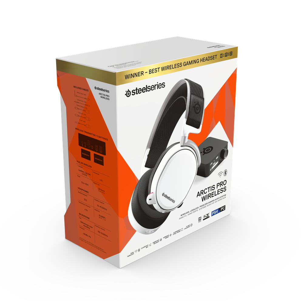 
 The exterior packaging for the Arctis Pro Wireless White.
 