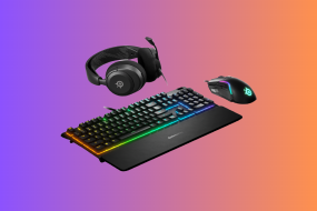 An image of the Arctis Nova 1, Apex 3, and Rival 5 with a purple-pink ombre background..